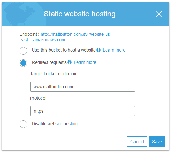 S3 mattbutton.com static website hosting redirect to www.mattbutton.com